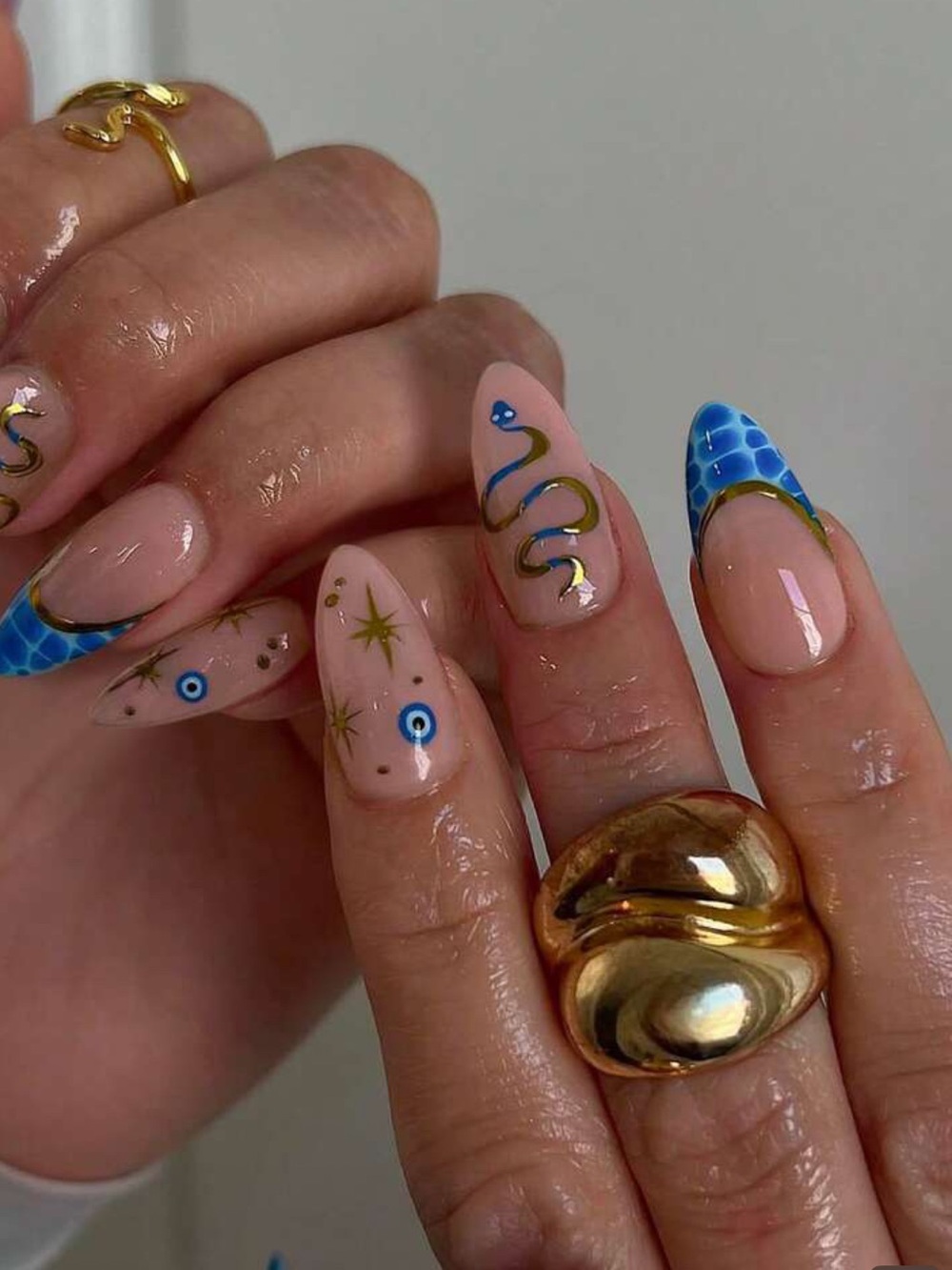 Blue French Tip & Gold Detail Nail Art